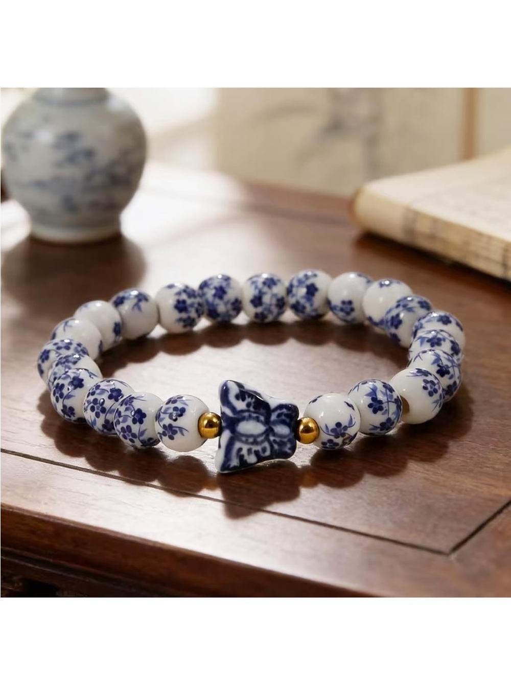 Anthropologie Blue and White Ceramic Floral Bead Bracelet